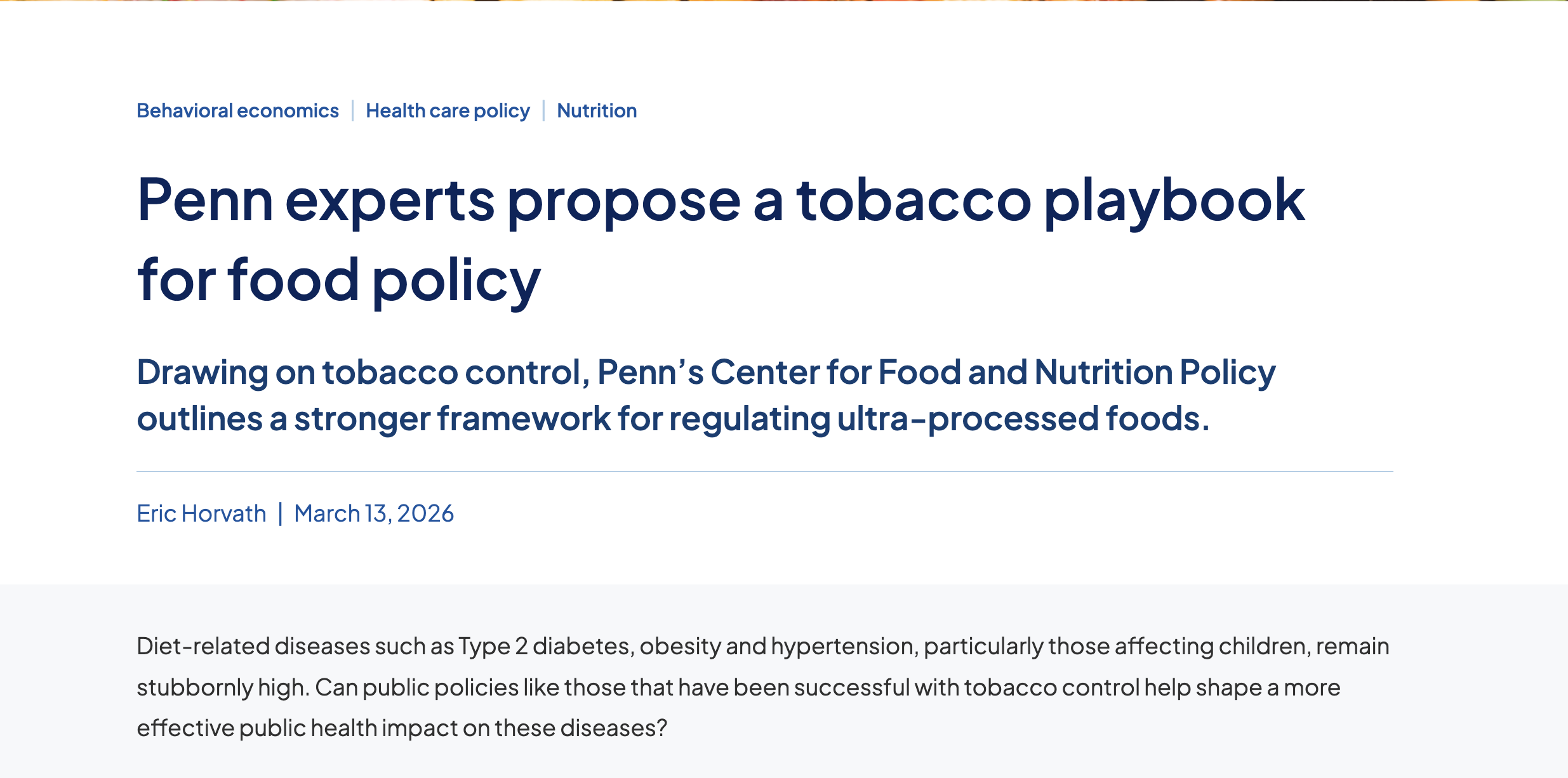 Penn Experts Propose a Tobacco Playbook for Food Policy