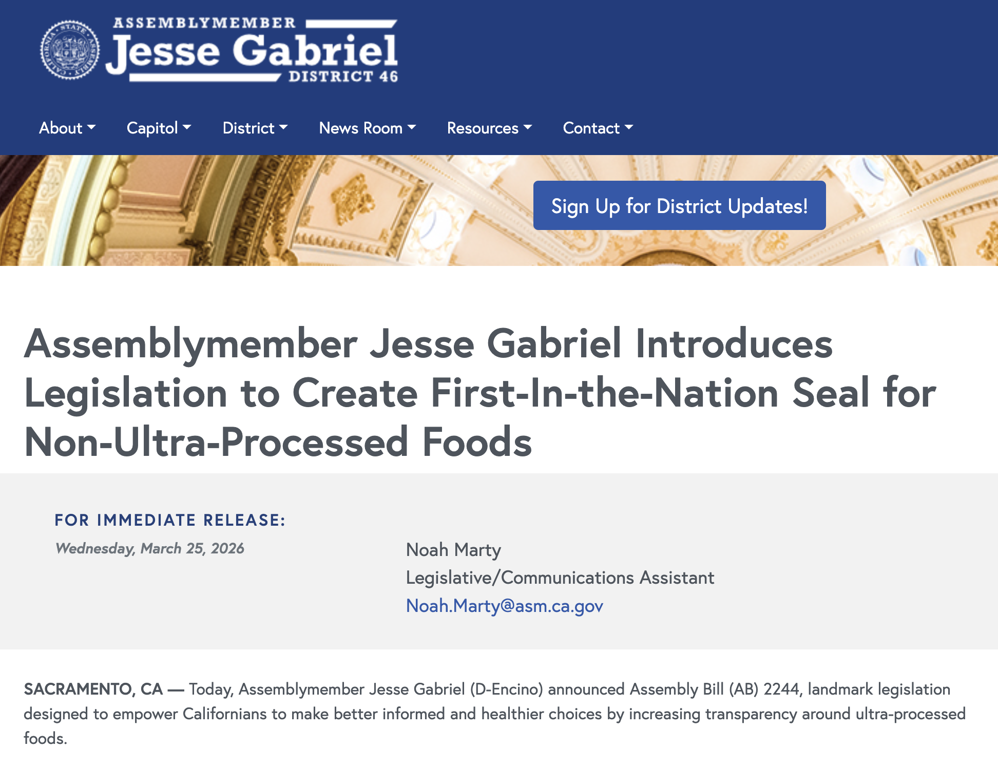 CA Asm. Jesse Gabriel Introduces Legislation to Create First-In-the-Nation Seal for Non-Ultra-Processed Foods